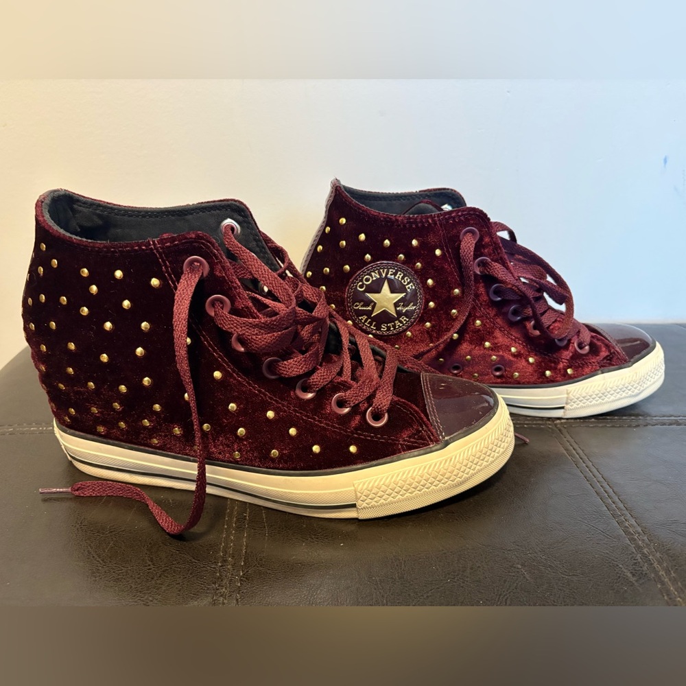 Converse Maroon Velvet Wedge High-Tops with Gold Studs